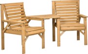 Outsunny Conjunto bistrô 3 peças em madeira à prova de intempéries com design em ripas e furo para guarda-sol Marrom | Aosom Portugal