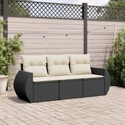 3 pcs conjunto sofás de jardim com almofadões vime PE preto