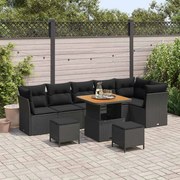 vidaXL Conjunto de Sofá de Jardim de 9 Peças com Almofadas Pretas e Rattan de Polímero