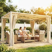 Pérgola de Jardim 385x295x225 cm com Teto Ondulado 4 Cortinas Removíveis Proteção UPF50+ e Estrutura de Aço Bege