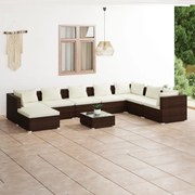 9 pcs conjunto lounge jardim c/ almofadões vime PE castanho