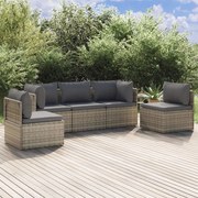 5 pcs conjunto lounge de jardim c/ almofadões vime PE cinzento