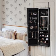 Armário para joias em madeira com espelho de parede e LED interno 33,5 x 10 x 120 cm Preto