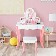 Conjunto de Toucador e Banco para Crianças Mesa de Maquilhagem para Princesas com Espelho Rotativo 360° Removível 3 Gavetas Branco e Rosa