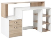 HOMCOM Secretária para Escritório com 2 Gavetas 3 Prateleiras Suporte para Impressora para Estúdio Branco e Carvalho 137x55x92 cm | Aosom Portugal