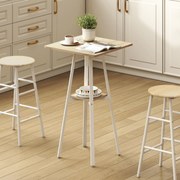 Mesa Alta de Cozinha Quadrada com Prateleira Mesa Alta de Bar para 2 Pessoas Pernas de Metal 55x55x95 cm Madeira e Branco