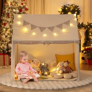 Tenda de Crianças com Tapete Acolchoado 125 x 100 x 127 cm, Luzes de Estrelas e Bandeirinhas Quadradas, Janelas e Portas Enroláveis para Crianças de 3