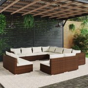 11 pcs conjunto lounge de jardim c/ almofadões vime PE castanho