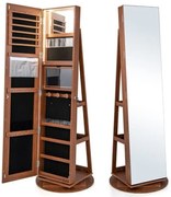 Armário para joias espelhado giratório 360°, 3 modos de LED coloridos, travável, marrom