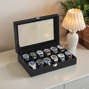 Caixa para relógios com 12 compartimentos com tampa de vidro 20,2 x 30,2 x 7,8 cm revestimento em PU preto, forro em veludo preto