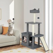 Arranhador para gatos moderna para interior com postes para arranhar e rampa de sisal Poleiro almofadado Brinquedo pendurado Cinzento