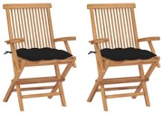 vidaXL Cadeiras de jardim c/ almofadões pretos 2 pcs teca maciça