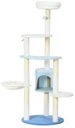 PawHut Arranhador para Gatos com Postes de Sisal Caverna Cama Rede e Bola de Brinquedo Ø54,5x155 cm Branco e Azul