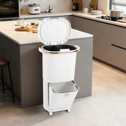 Caixote do lixo 43 x 29 x 74,5 cm para cozinha 38 L com Tampa dupla Camada 2 caixotes removíveis com Pedal e Rodas Branco