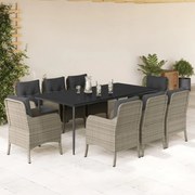 vidaXL 9 pcs conjunto de jantar p/ jardim c/ almofadões cinzento claro