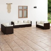 7 pcs conjunto lounge jardim c/ almofadões vime PE castanho