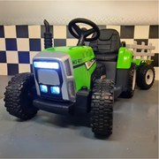 Tractor de bateria para crianças 12 volts,  Pneus borracha, banco em pele com reboque e Comando verde