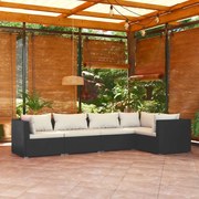 vidaXL 5 pcs conjunto lounge de jardim c/ almofadões vime PE preto