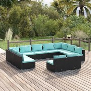 11 pcs conjunto lounge de jardim c/ almofadões vime PE preto