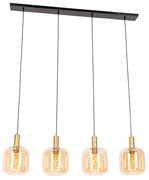 Candeeiro suspenso design preto com latão e vidro âmbar 4 luzes - Zuzanna Design