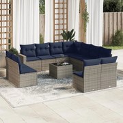 vidaXL 12 pcs conjunto sofás p/ jardim c/ almofadões vime PE cinzento