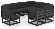 vidaXL 9pcs conjunto longue de jardim c/ almofadões pinho maciço preto