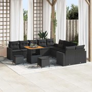 vidaXL Conjunto de Sofá de Jardim com 13 Peças e Almofadas de Rattan Preto