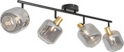 Candeeiro de teto com focos preto com dourado e vidro fumê 4 luzes - Zuzanna
