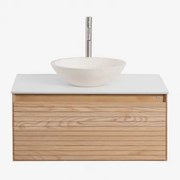 Conjunto De Móvel De Casa De Banho Suspenso 80x50 Cm Em Madeira De Freixo Tedrik Castanho Fresno & Cimento Redondo Branco Ø40 Cm Zavion & - Sklum