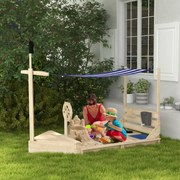 Caixa de Areia para Crianças de Madeira com Toldo Brinquedos de Cozinha e Forma de Barco para Jardim 180x103x145 cm Natural