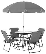 Outsunny Conjunto de Mesa e Cadeiras de Jardim de 6 Peças com 4 Cadeiras Dobráveis Mesa de Vidro e Chapéu de Sol Cinzento | Aosom Portugal