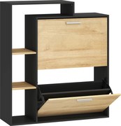 HOMCOM Móvel Porta-sapatos: 2 Gavetas Basculantes, Prateleiras, Preto e Madeira Natural. | Aosom Portugal