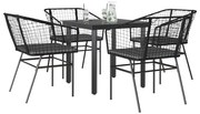 vidaXL Conjunto de jantar jardim 5 peças almofadas vidro vime PE preto