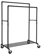Cabideiro industrial de tubos SONGMICS sobre rodas, carga máxima de 110 kg, trilho duplo para pendurar, metal resistente com prateleira, nível comercial, preto HSR60B