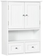 kleankin Armário de Parede para Casa de Banho com 2 Portas Prateleira Aberta e 2 Gavetas Estilo Moderno 50,8x17,8x66 cm Branco