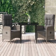 vidaXL 3 pcs conj. jantar p/ jardim c/ almofadões vime PE preto/cinza