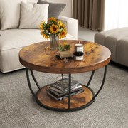 Mesa de centro redonda 80 x 80 x 45 cm de 2 níveis com arrumação com estrutura metálica para sala de estar Castanho