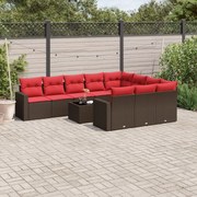vidaXL 11 pcs conjunto sofás de jardim c/ almofadões vime PE castanho