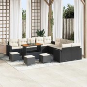 vidaXL Conjunto de Sofás de Jardim com 14 Peças e Almofadas Pretas em Rattan de Poliéster e Acácia