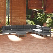 9 pcs conjunto lounge de jardim + almofadões pinho maciço cinza