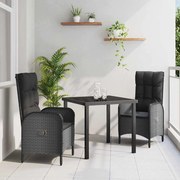 vidaXL Conjunto de Jantar para Jardim com almofada 3 pcs Preto vime PE