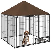 PawHut Parque para Cães com Toldo com Suporte Giratório para Comida 2 Tigelas Incluídas 141x141x151 cm Preto Marrom