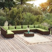 11 pcs conjunto lounge de jardim c/ almofadões vime PE castanho