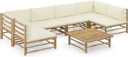 vidaXL 7 pcs conj. lounge p/ jardim em bambu c/ almofadões branco nata