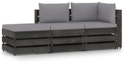 3 pcs conj. lounge jardim + almofadões madeira impreg. cinzento