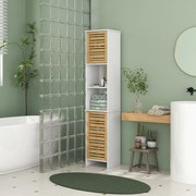 Coluna Casa de Banho Móvel Auxiliar Casa de Banho com Prateleiras Ajustáveis e Portas de Bambu 35x30x170 cm Branco e Madeira