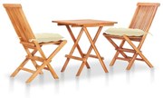 vidaXL Conjunto bistrô c/ almofadões cor creme 3 pcs teca maciça