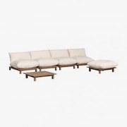 Conjunto De Sala De Estar Com Sofá Modular Reclinável De 4 Peças, Mesa De Centro E Puff Em Madeira De Acácia Brina Crema - Sklum