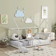 Cama Infantil 90x190 cm em Forma de Casa com Barreira Protetora Cama Casinha de Madeira Carga 60 kg Branco