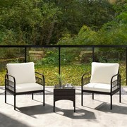 Conjunto de móveis jardim de vime de rattan de 3 peças com cadeiras almofadadas Mesa de centro de vidro temperado para varanda, pátio e pátio preto e